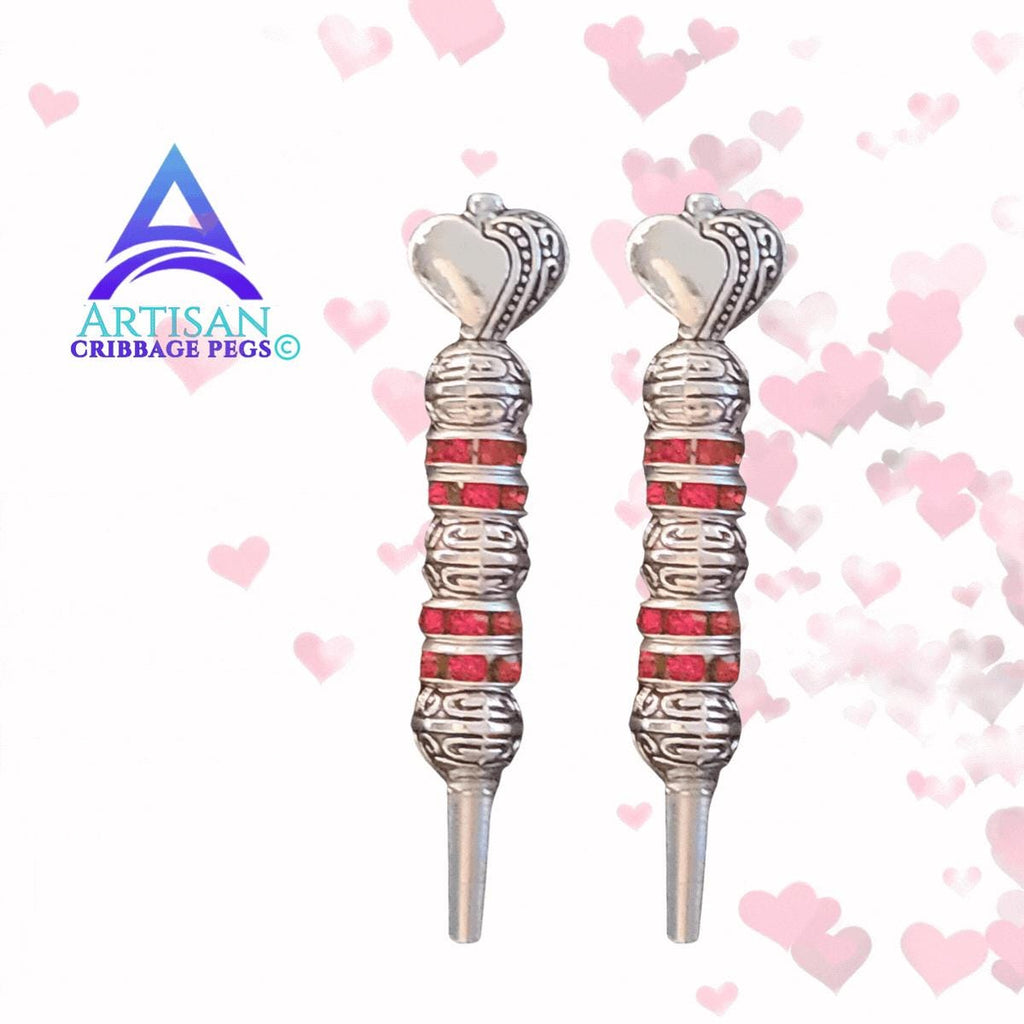 Vintage Heart Romance Cribbage Pegs | Silver & Ruby Heart Topper