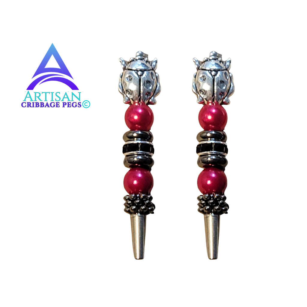 Ladybug Cribbage Pegs | Lucky Silver Topper, with red beads and black embleshments
